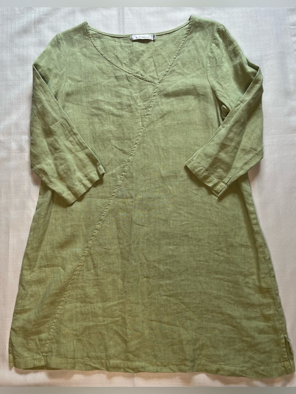 Cut Loose 100% Linen Green Linen Shift Dress 3/4 Sleeve Lagenlook Coastal Chic